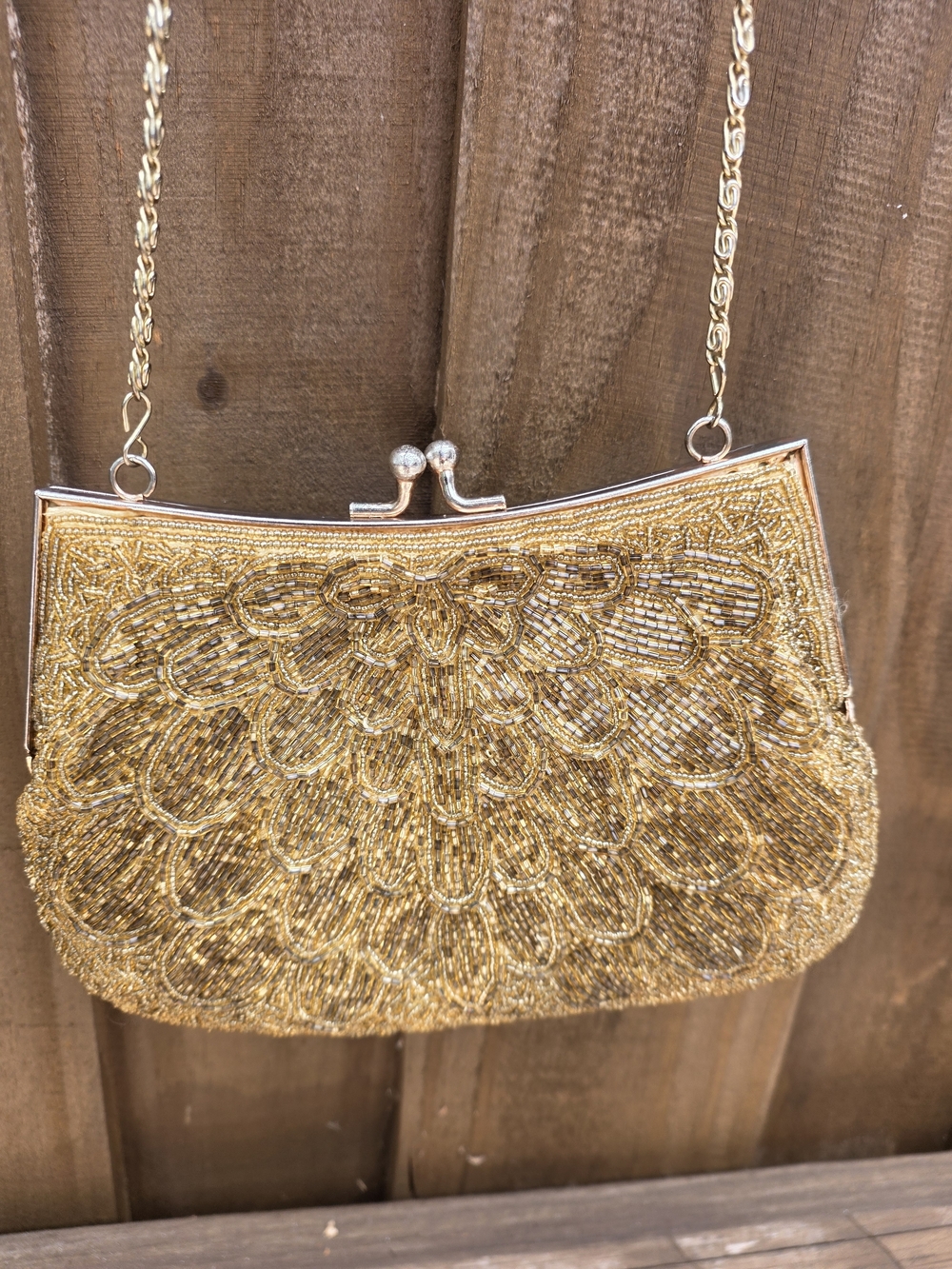 Gold Beaded Evening Clutch with Chain Strap